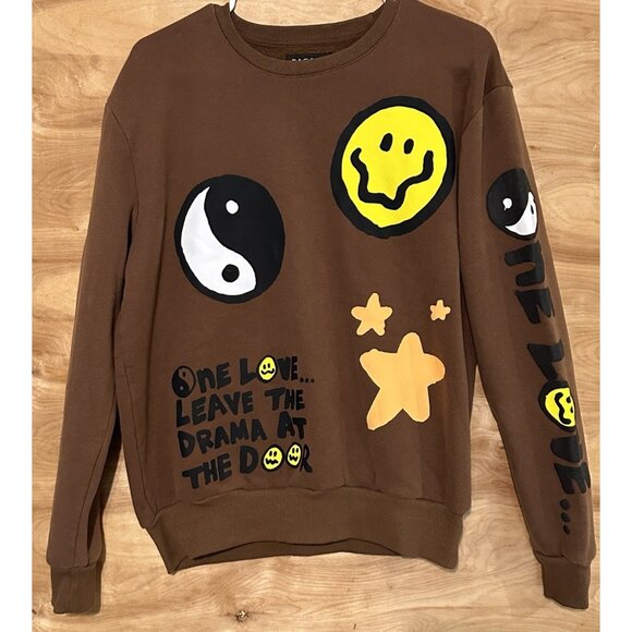 PacSun Small Sweatshirt  Brown Graphic Ying Yang Smiley Face Love - Picture 1 of 8